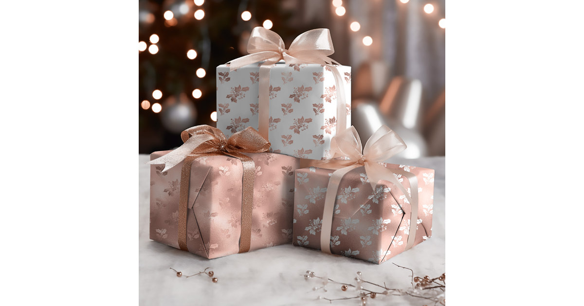 Christmas Rose Gold Elegant Holly Leaves Wrapping Paper Sheets