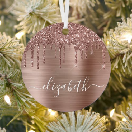 Christmas Rose Gold Glitter Personalized Metal Ornament