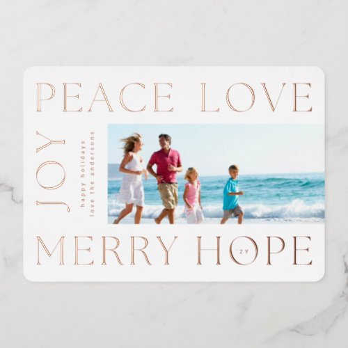 Christmas Rose Gold Letters MERRY JOY PEACE LOVE Foil Holiday Card