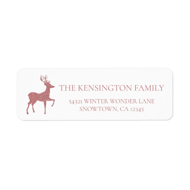 Christmas Rose Gold Pink Faux Glitter Reindeer Label (Front)