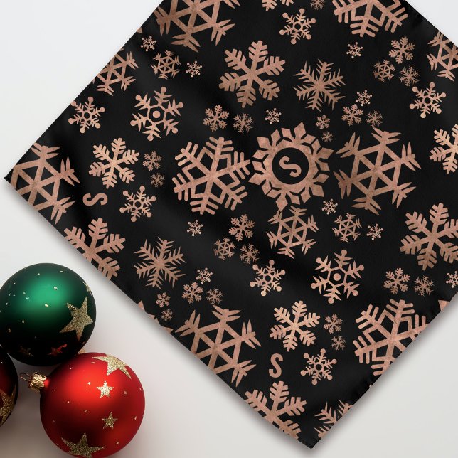 Christmas Rose Gold Snowflake Pattern Bandana (A festive black and rose gold snowflake pattern with space for your initial)