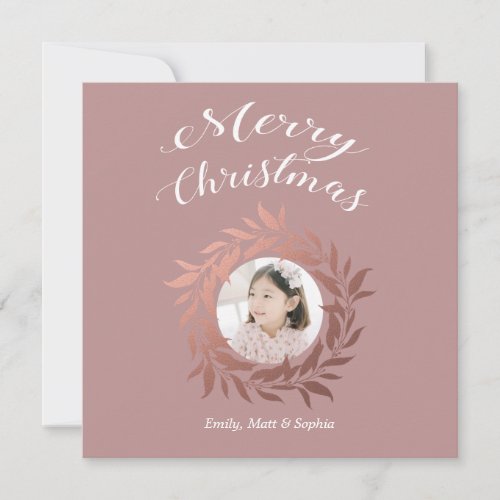Christmas Rose Gold Wreath Purple White Photo Holiday Card