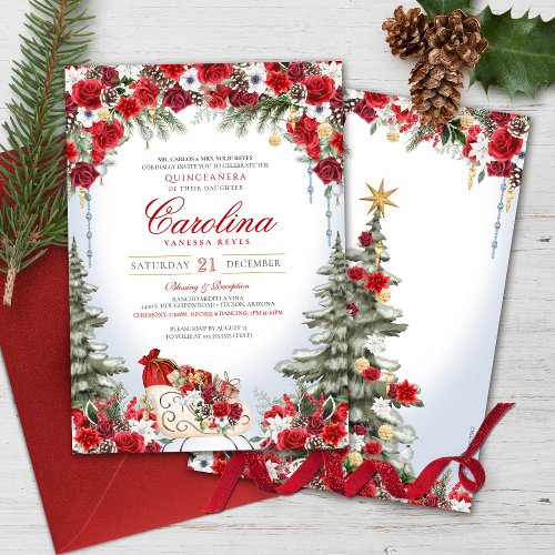 Christmas Rose Holiday Sleigh Winter Quinceanera Invitation