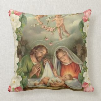 Christmas Roses Baby Jesus St. Joseph, Mary, Angel Throw Pillow