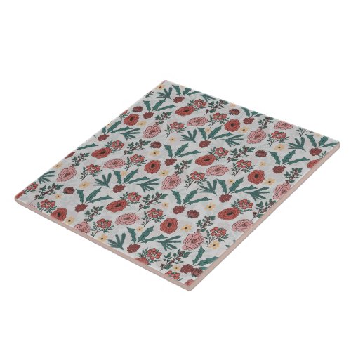 Christmas Roses Berries Floral Gray Pattern Ceramic Tile