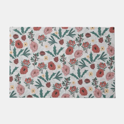 Christmas Roses Berries Floral Gray Pattern Doormat