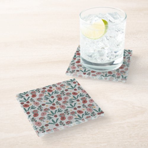 Christmas Roses Berries Floral Gray Pattern Glass Coaster