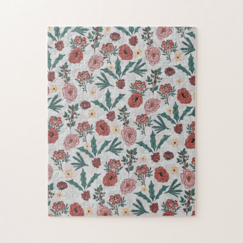 Christmas Roses Berries Floral Gray Pattern Jigsaw Puzzle