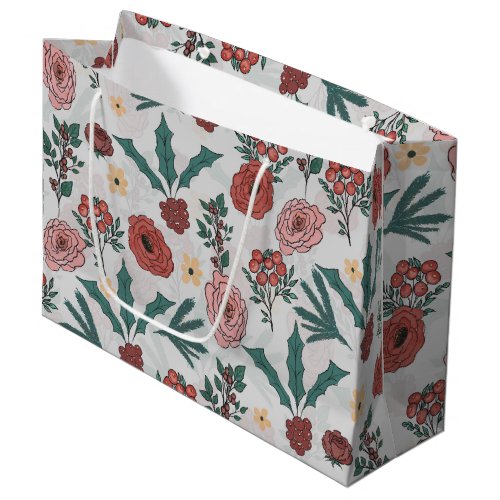 Christmas Roses Berries Floral Gray Pattern Large Gift Bag