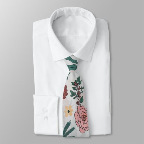 Christmas Roses Berries Floral Gray Pattern Neck Tie