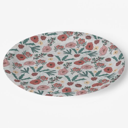 Christmas Roses Berries Floral Gray Pattern Paper Plates