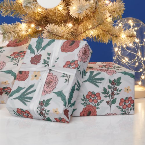 Christmas Roses Berries Floral Gray Pattern Wrapping Paper