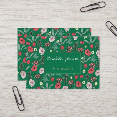 Christmas Roses Berries Floral Green Pattern Business Card