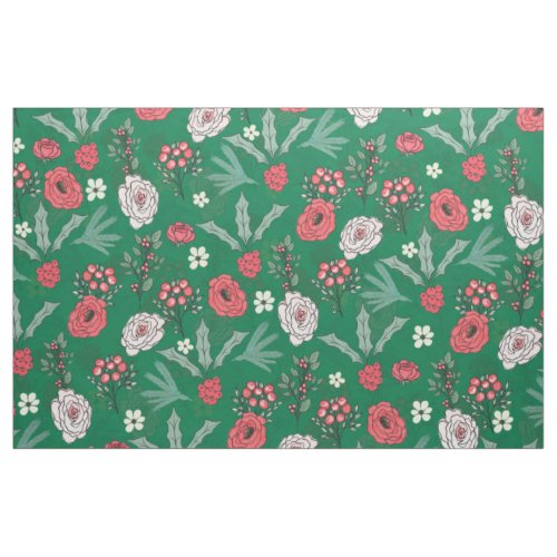 Christmas Roses Berries Floral Green Pattern Fabric