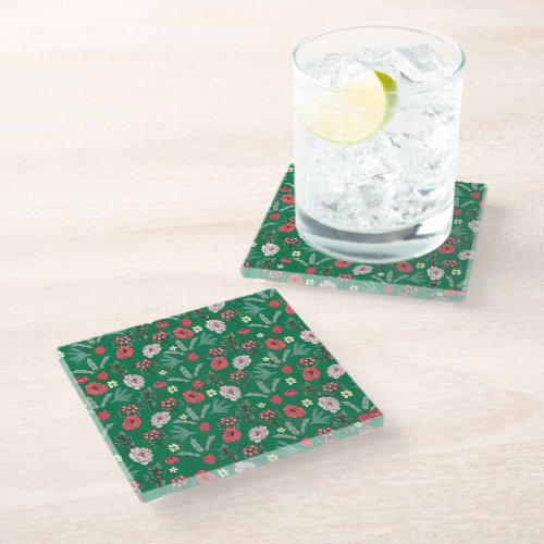 Christmas Roses Berries Floral Green Pattern Glass Coaster