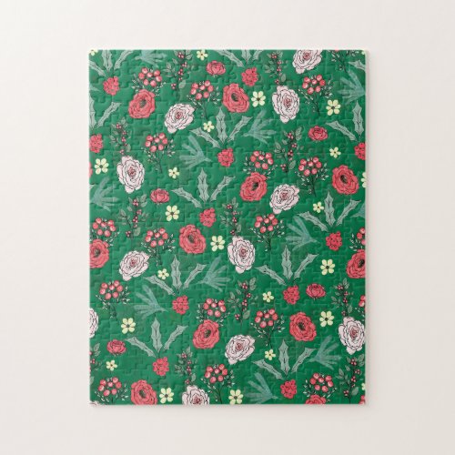 Christmas Roses Berries Floral Green Pattern Jigsaw Puzzle