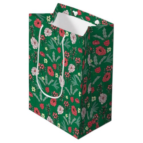 Christmas Roses Berries Floral Green Pattern Medium Gift Bag