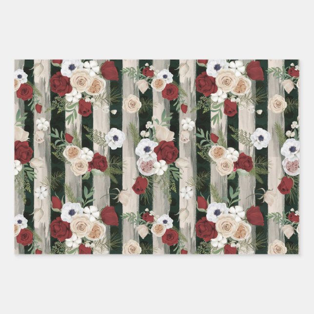 Christmas Roses Decoration, Yuletide Gift Pattern Wrapping Paper Sheets (Front)
