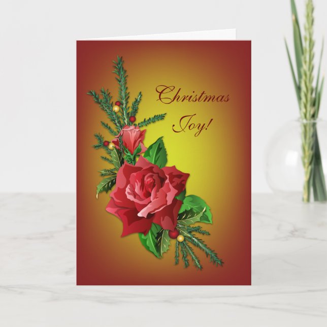 Christmas Roses with Holly and Spruce Holiday Card (Front)