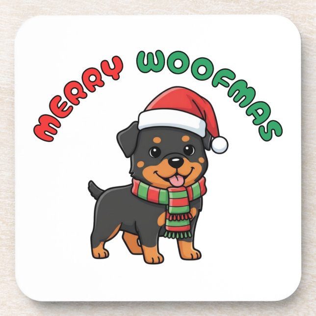 Christmas Rottweiler Coaster: Merry Woofmas Beverage Coaster (Front)
