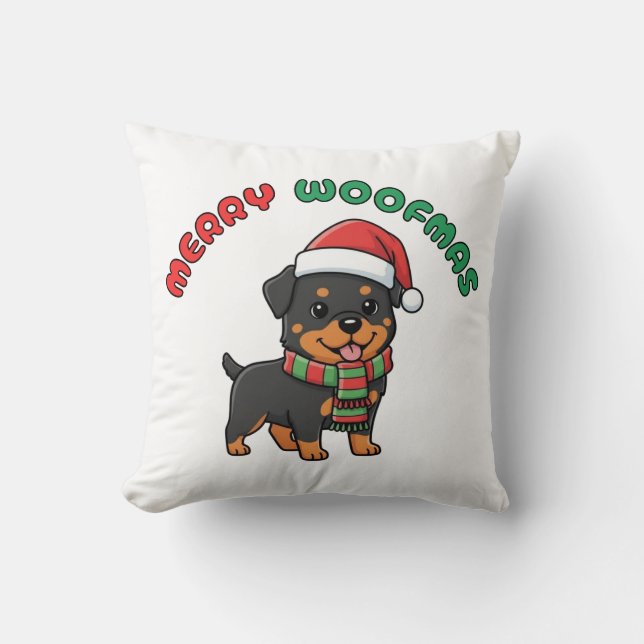 Christmas Rottweiler Pillow: Merry Woofmas Throw Pillow (Front)
