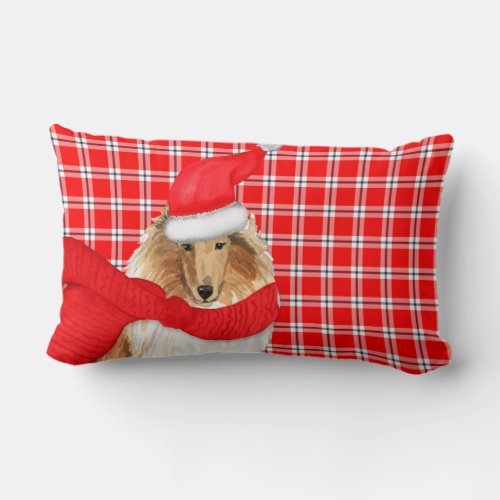 Christmas Rough Collie Dog Red Holiday Plaid Lumbar Pillow