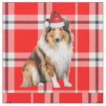 Christmas Rough Collie Dog with Red Plaid Fabric