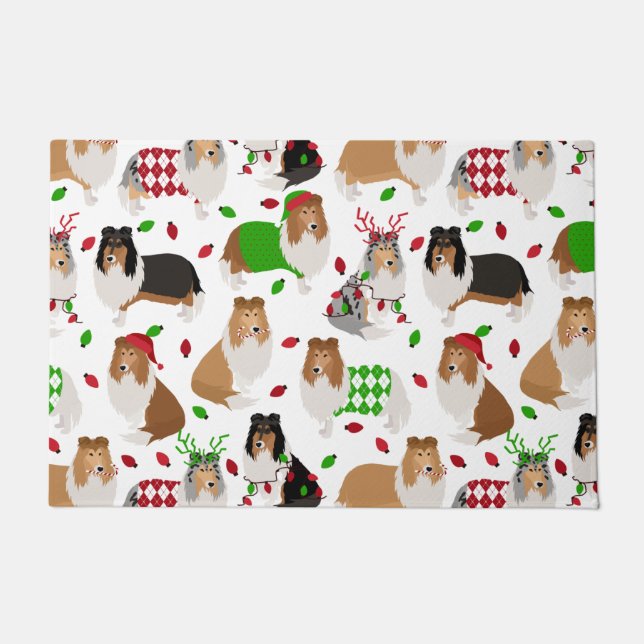 Christmas Rough Collie Doormat (Front)