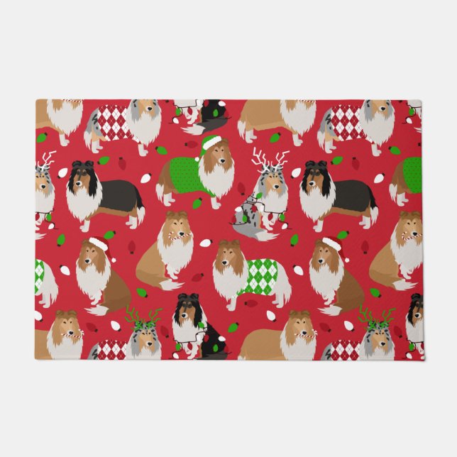 Christmas Rough Collie Doormat (Front)