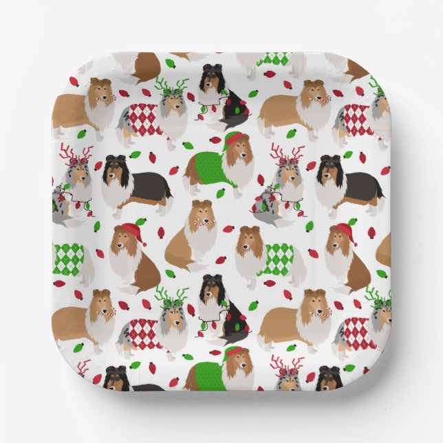 Christmas Rough Collie Paper Plates (Front)
