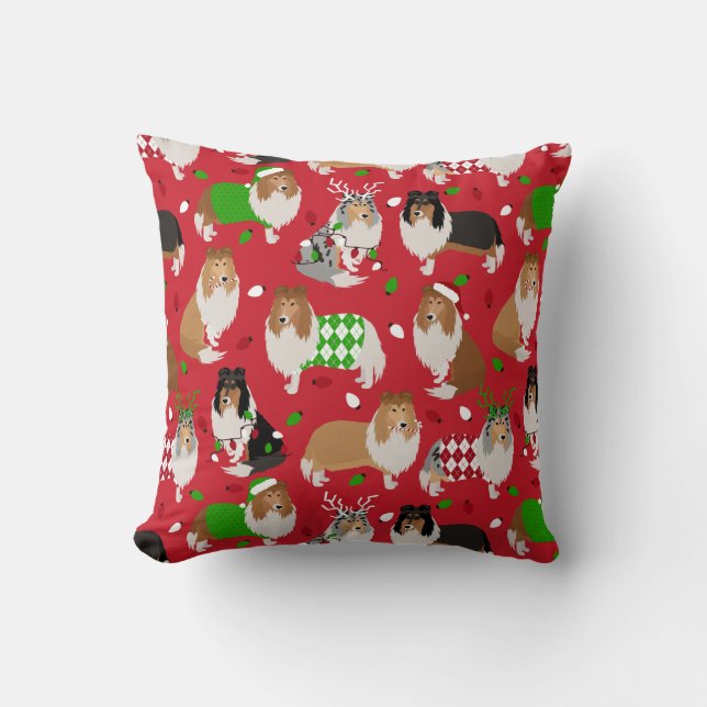 Christmas Rough Collie Throw Pillow (Front)
