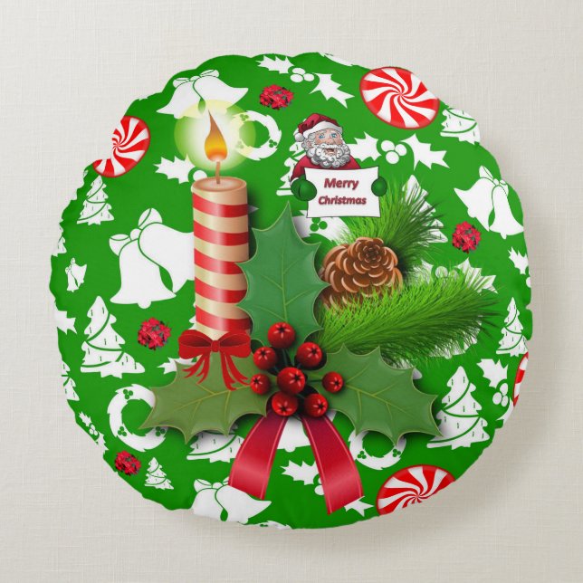 Christmas Round Pillow, Christmas Candle Pillow (Front)