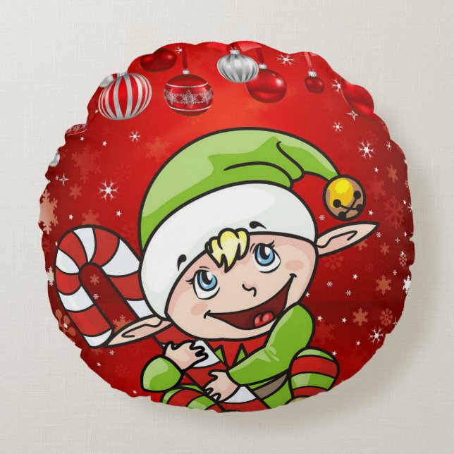 Christmas Round Pillow, Elf Round Pillow (Front)