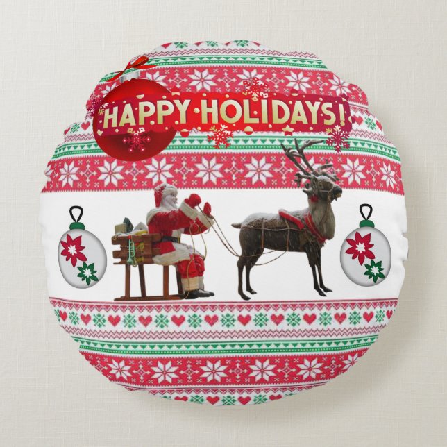 Christmas Round Pillow, Happy Holidays Pillow (Front)