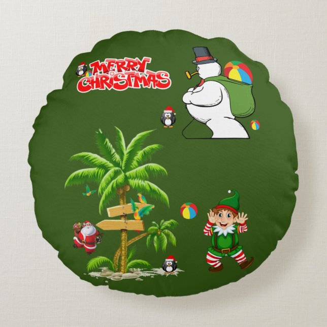 Christmas Round Pillow, Summer Beach Santa Pillow (Front)