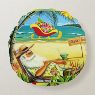 Christmas Round Pillow, Summer Beach Santa Pillow