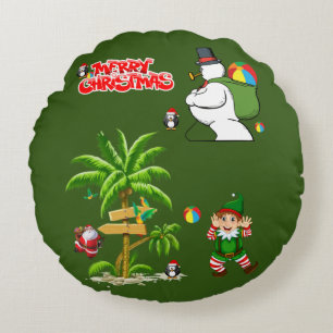 Christmas Round Pillow, Summer Beach Santa Round Pillow