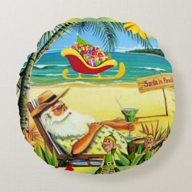 Christmas Round Pillow, Summer Beach Santa Round Pillow (Front)