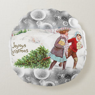 Christmas Round Pillow, Vintage Pillow