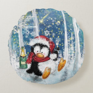 Christmas Round Pillow with Happy Penguin