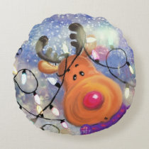 Christmas Round Pillow with Happy Reindeer