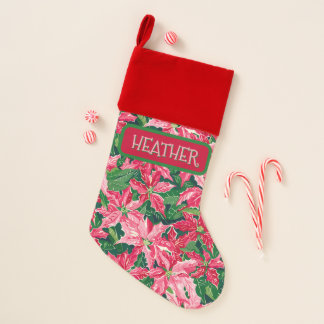 Christmas Ruby Pink Poinsettia N Leaves Pattern Christmas Stocking