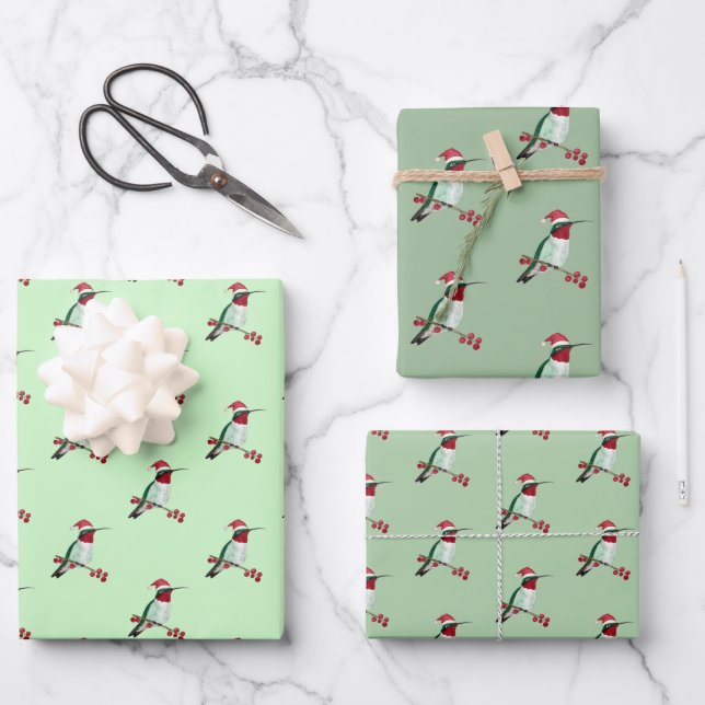 Christmas Ruby-throated Hummingbird  Wrapping Paper Sheets (Front)