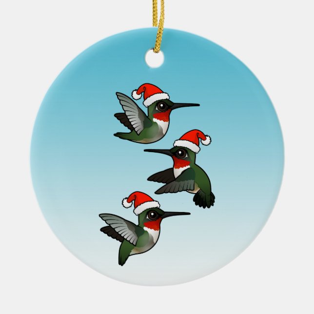 Christmas Ruby-throated Hummingbirds Ceramic Ornament (Front)