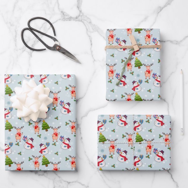 Christmas Rudolph Red Nosed Reindeer Snowmen Wrapping Paper Sheets (Front)