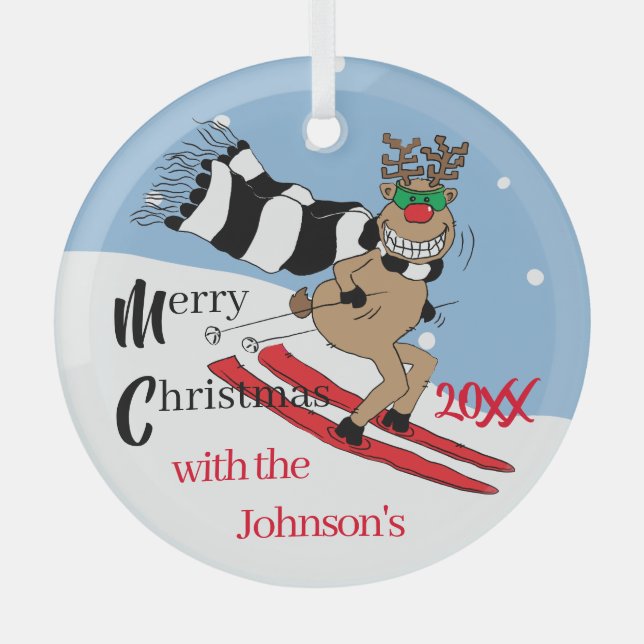 Christmas Rudolph Skiing Glass Ornament (Front)