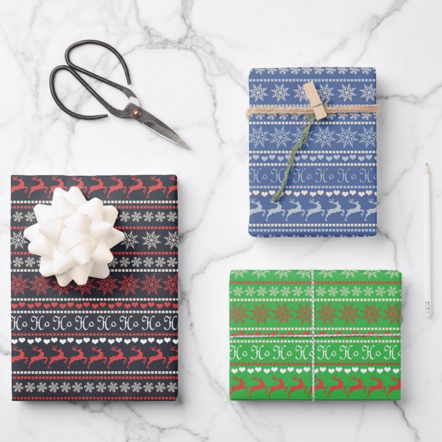 Christmas Rudolph Snowflake Blue Green Red Holiday Wrapping Paper Sheets (Front)