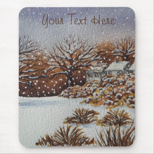 Christmas rural cottages snow scene art mouse pad