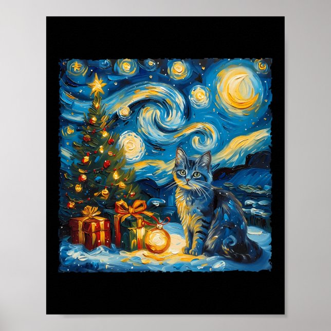 Christmas Russian Blue Cat Art Van Gogh's The Star Poster (Front)