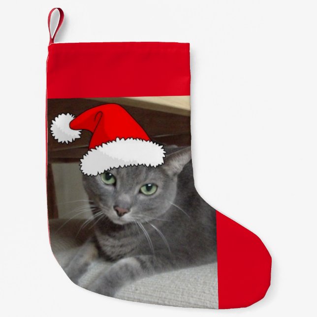Christmas Russian Blue Cat Small Christmas Stocking (Front)